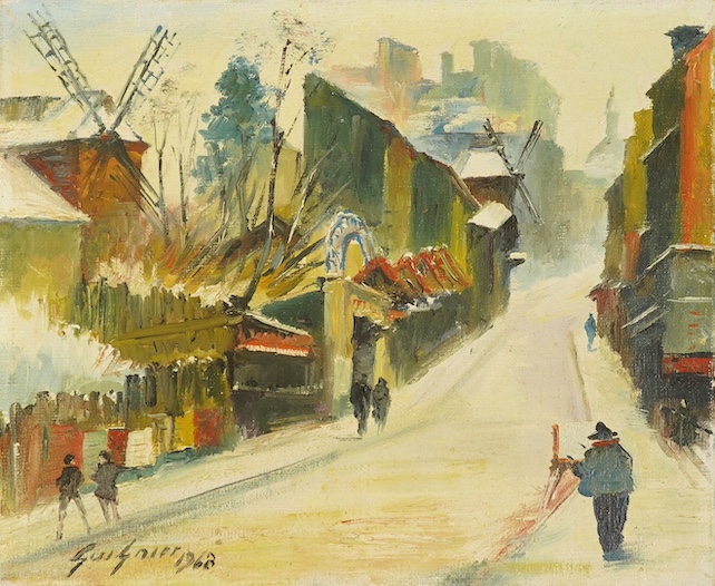 Fernand Guignier (French, 1902-1972), oil on canvas, Street scene with figures, signed and dated 1968, 22 x 26cm, unframed. Condition - good